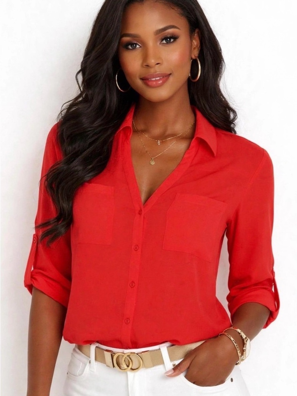 By and By Women's Vibrant Red Button-Down Shirt with Chest Pockets